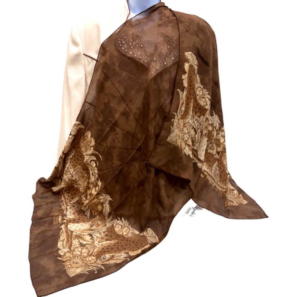 Vintage  Salvatore Ferragamo  Scarf Brown  Beige Tigers Chiffon 62"x 24" (43)
